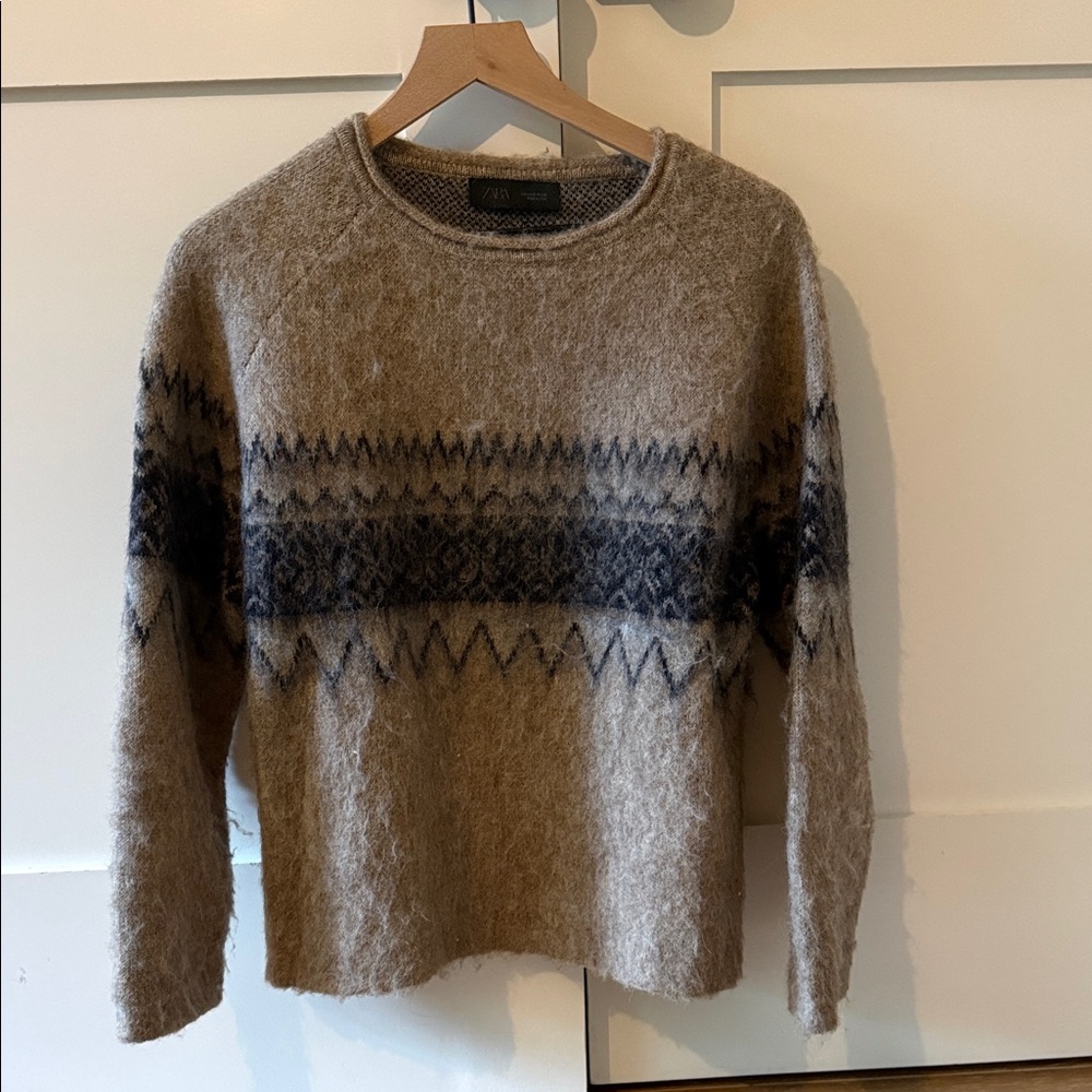 Zara Beige and Dark Brown Fair Isle Crewneck Sweater